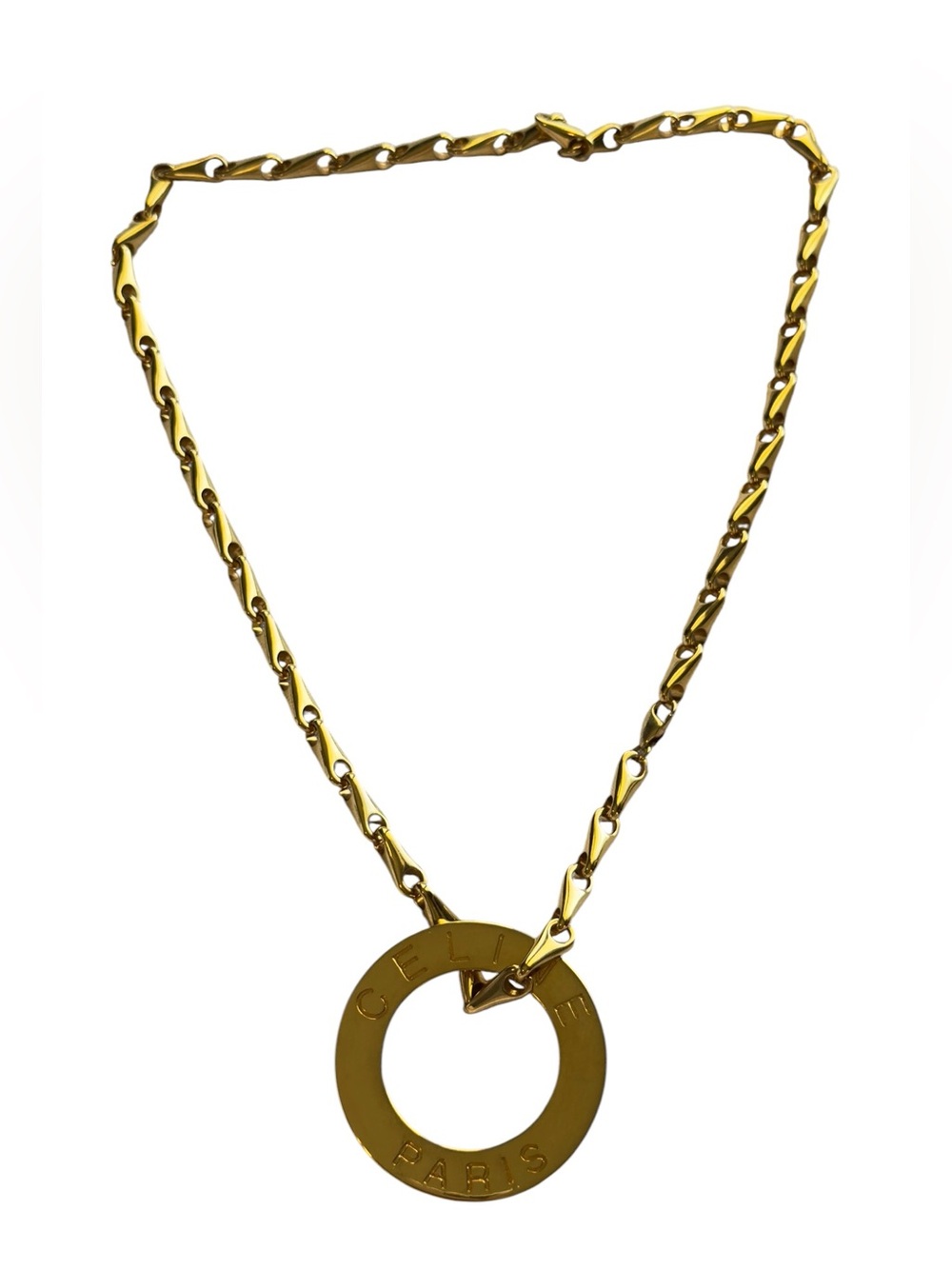 Vintage Celine Paris Gold Tone Logo Pendant Necklace